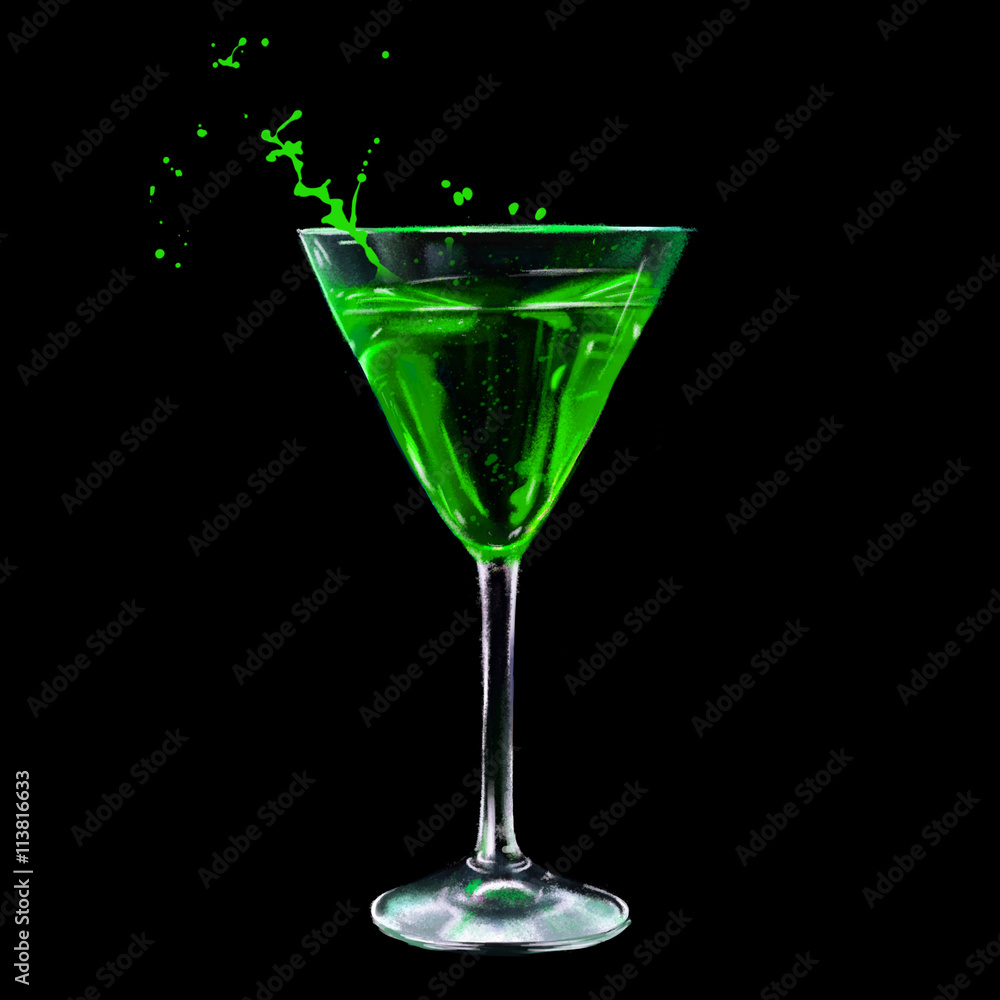 a glass of absinthe on black background