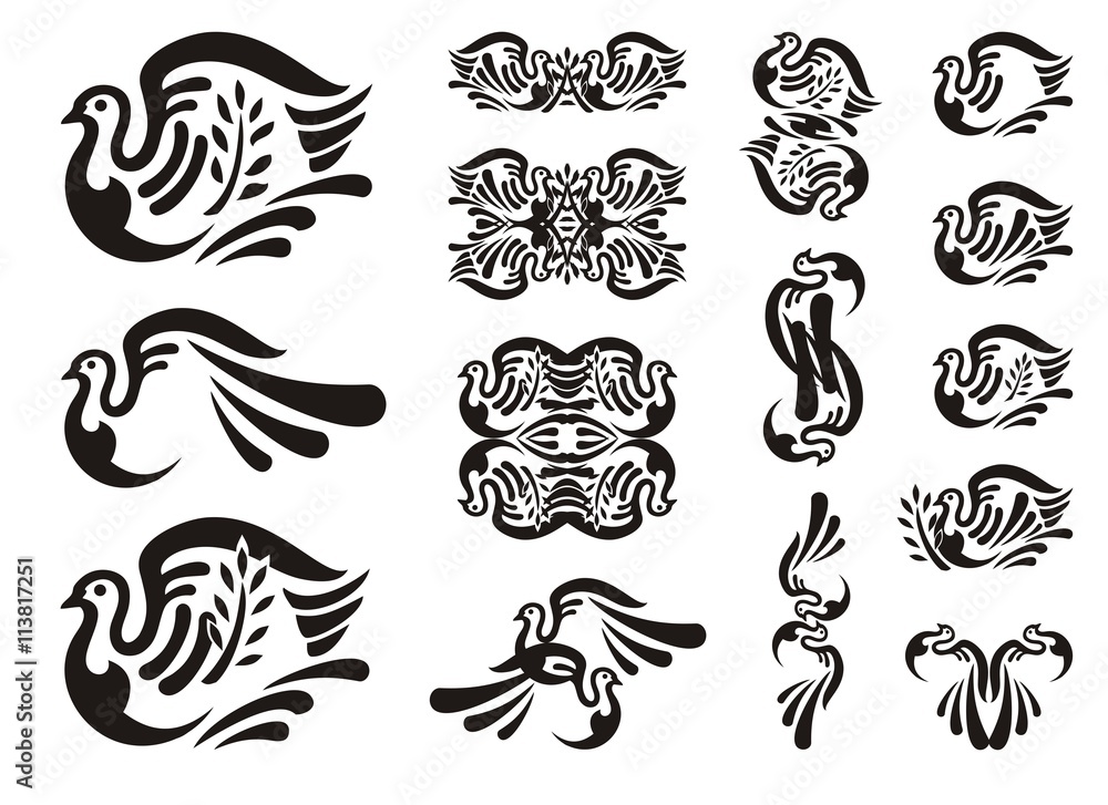 Tribal dove icons. Black and white symbols of a pigeon with a branch - a peace symbol