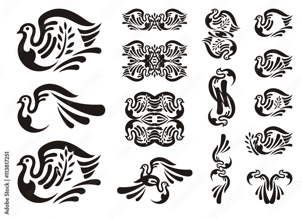 Tribal dove icons. Black and white symbols of a pigeon with a branch - a peace symbol Tribal dove icons. Black and white symbols of a pigeon with a branch - a peace symbol