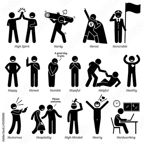 Positive Personalities Character Traits. Stick Figures Man Icons. Starting with the Alphabet H.