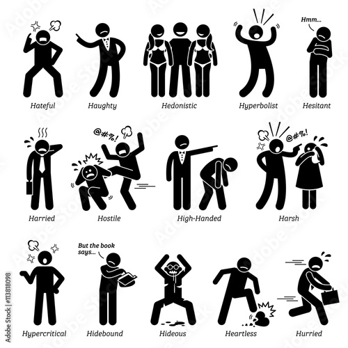 Negative Personalities Character Traits. Stick Figures Man Icons. Starting with the Alphabet H.