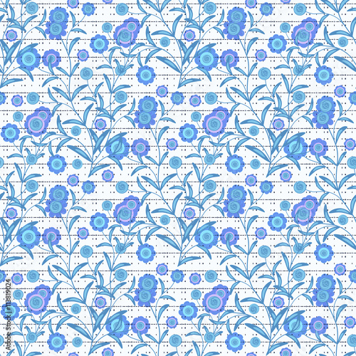Floral seamless pattern in retro style, cute cartoon blue flowers white background