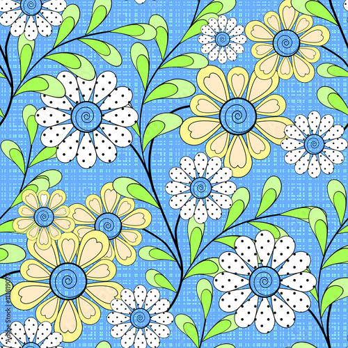 Floral seamless pattern in retro style  cute cartoon yellow white flowers  blue background