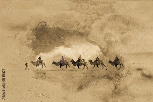Fotografia Antique silk road image with grain, mixed photograph with painted watercolor on