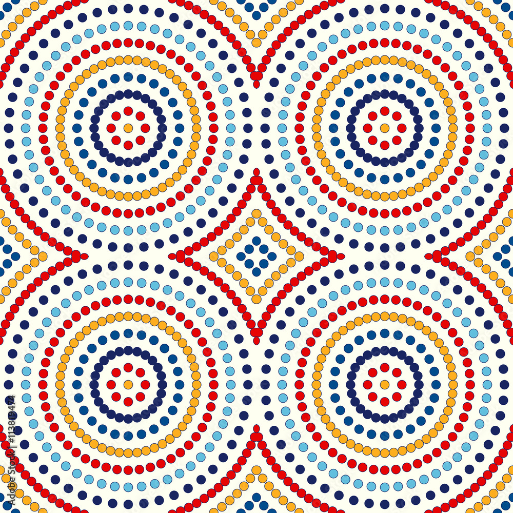 Seamless pattern with symmetric geometric ornament. Abstract background with colorful round vortexes.