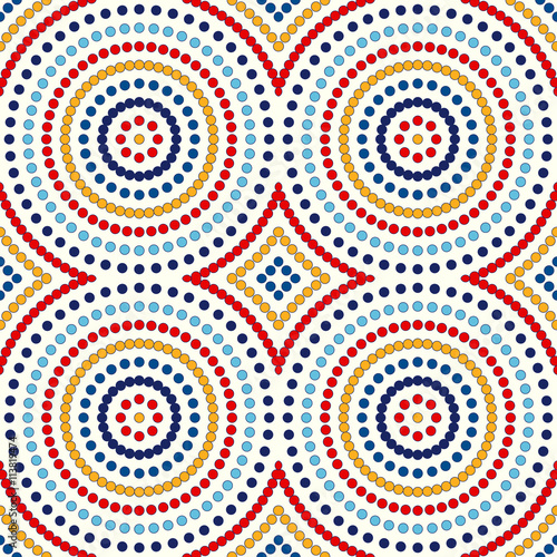 Seamless pattern with symmetric geometric ornament. Abstract background with colorful round vortexes.