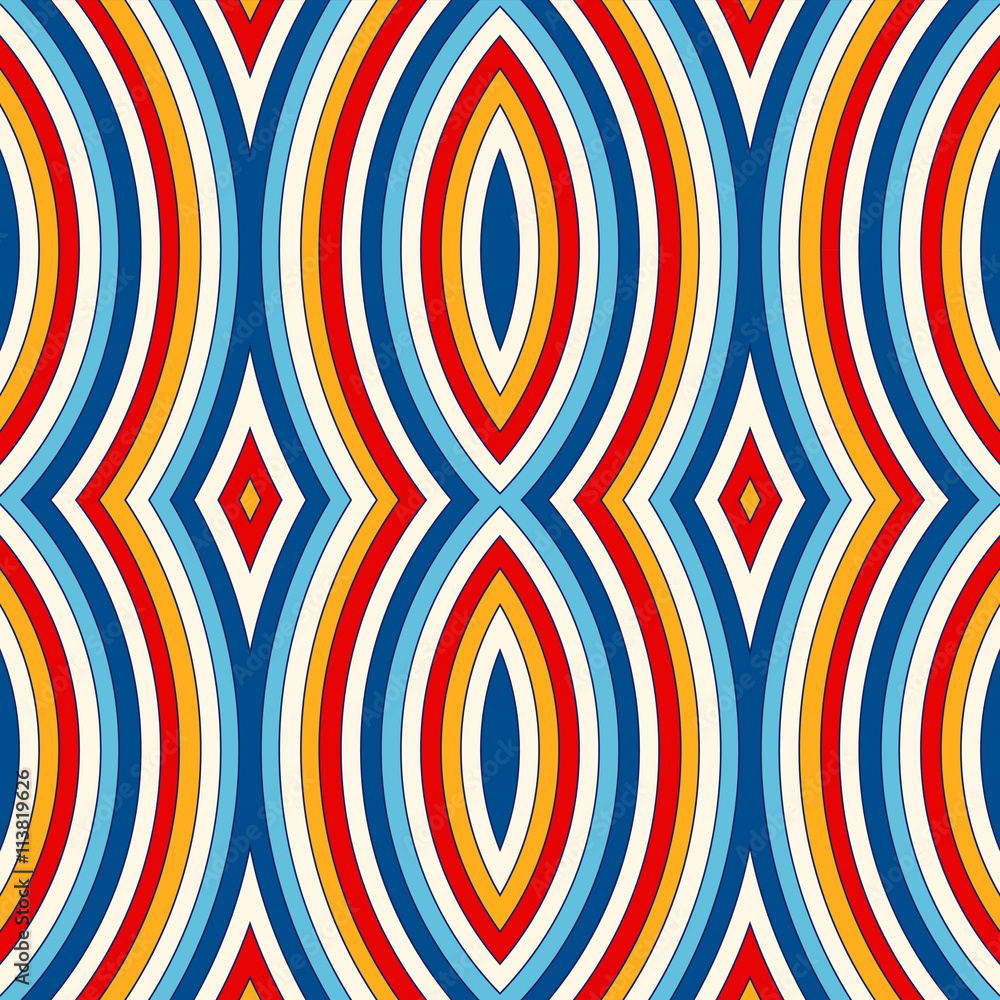 Bright ethnic abstract background. Seamless pattern with symmetric geometric ornament.