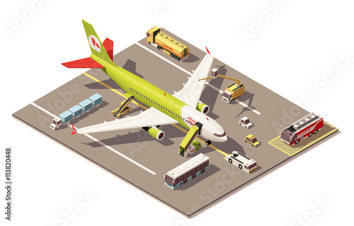 Vector isometric low poly airport apron with airplane, Ground Support Equipment and vehicles