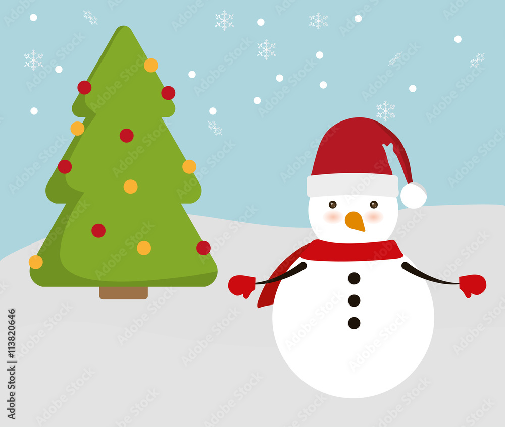 Snowman and pine tree cartoon icon. Merry Christmas design. vect