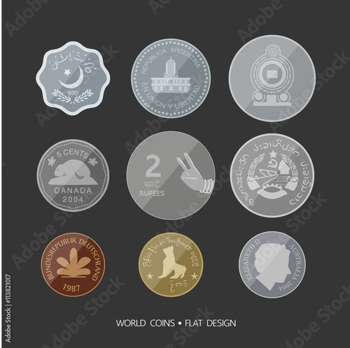 Coins of different countries set, Flat design vector coin collec