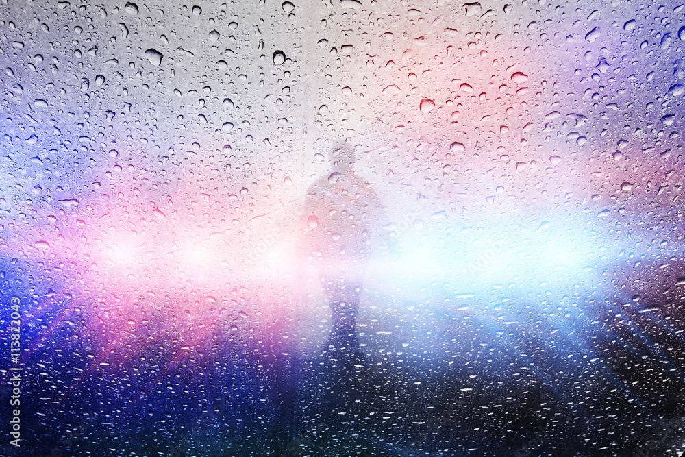 Police crime scene, rain background with police lights Stock Photo