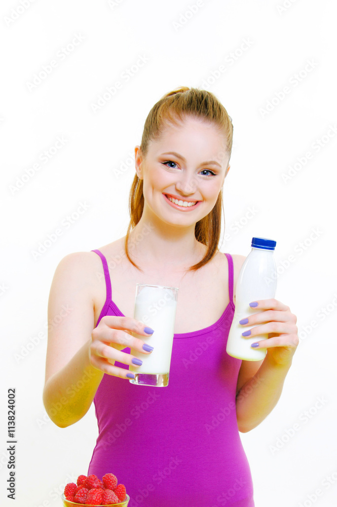 beautiful young girl drinking yogurt , milk and fruit beautiful young girl drinking yogurt , milk and fruit