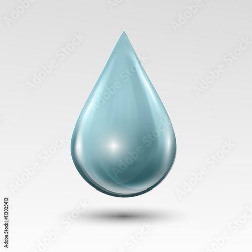 Waterdrop on light gray background. Water bubble with glares and highlights. Metal chrome droplet.
