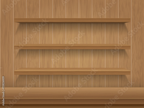 Wooden shelves, table and wooden planks background. Vector detailed illustration.