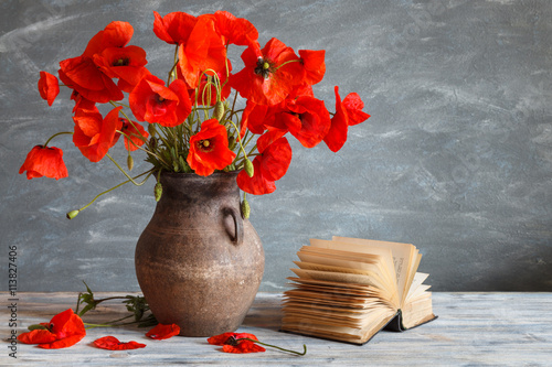 Fototapeta Naklejka Na Ścianę i Meble -  Still life in a rustic style: an old crock, open book and a bouquet of red poppies