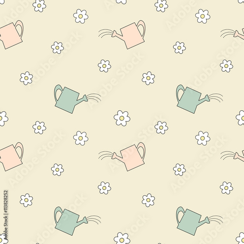 cute watering can seamless vector pattern background illustration with lovely daisy flowers
