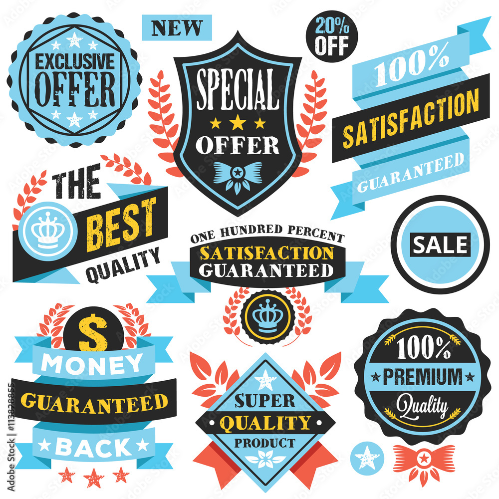 Vector badges, labels, stickers and ribbons set. Vintage style flat design concepts. Blue, red, white, yellow and black colors. Vector illustration