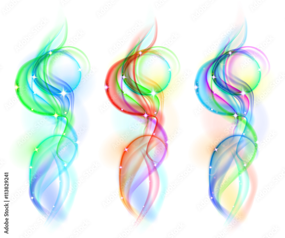 Fototapeta premium Set of translucent colored smokes with sparkles. Transparency only in vector file