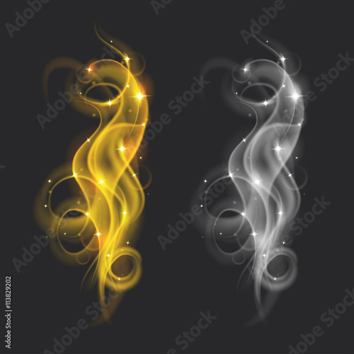 Set of translucent gray and yellow smoke with sparkles. Transparency only in vector file