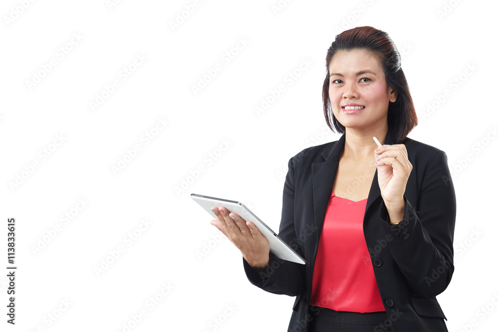 Asia beautiful modern businesswoman holding tablet and looking at camera, isolate on white background. Asia beautiful modern businesswoman holding tablet and looking at camera, isolate on white background.