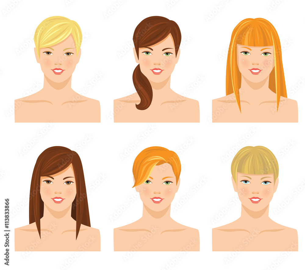 Vector illustrations of pretty young girls with various hair style with bangs isolated on white background. Different color of hair and eyes Vector illustrations of pretty young girls with various hair style with bangs isolated on white background. Different color of hair and eyes