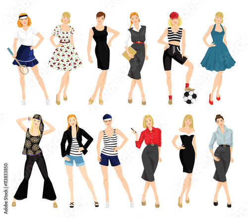 vector illustration of of girls in various pose isolated on white background. Vector illustration of young woman in different style of clothes.