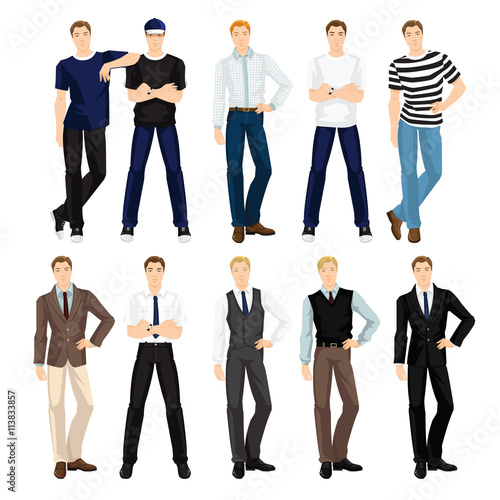 Vector illustration of man character in different clothes and pose isolated on white background. Group of people in clothes for sport, work and holiday