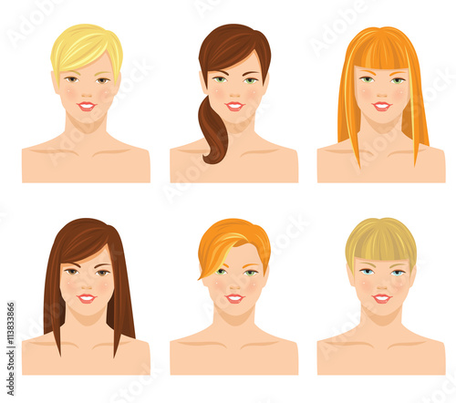 Vector illustrations of pretty young girls with various hair style with bangs isolated on white background. Different color of hair and eyes