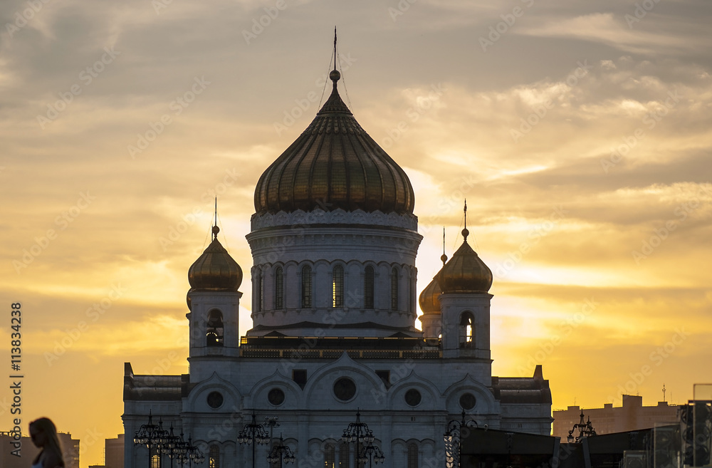 The Cathedral of Christ the Saviour during an amazing yellow sunset in Moscow. Russia