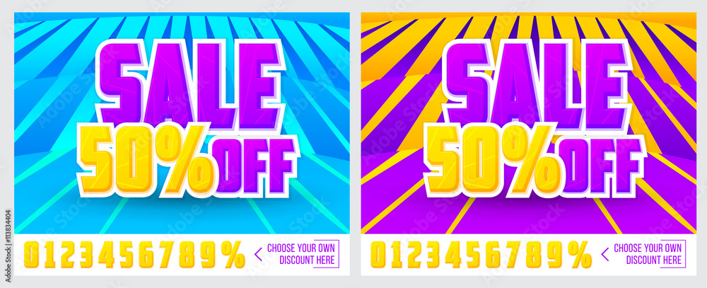 50% off. Sale banner on colorful background. Sale poster. Geometric design. Super Sale and special offer. Vector illustration.