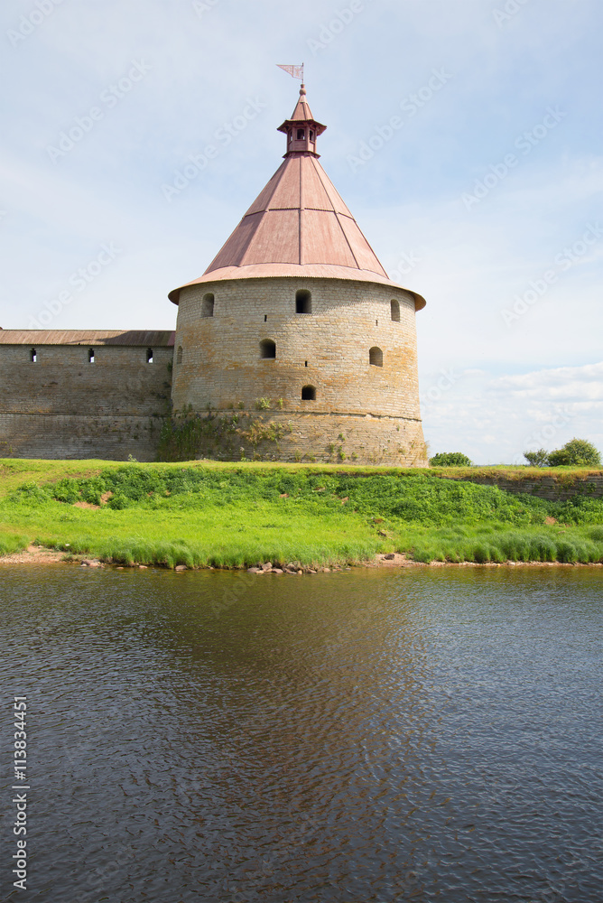 Golovina tower closeup, sunny day in july. The Oreshek fortress, Leningrad region, Russia Golovina tower closeup, sunny day in july. The Oreshek fortress, Leningrad region, Russia