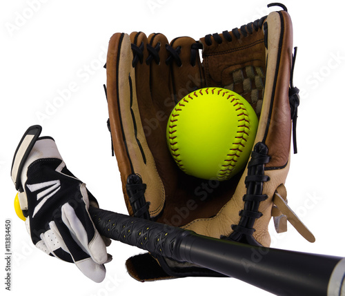 Gloves, ball and bat photo