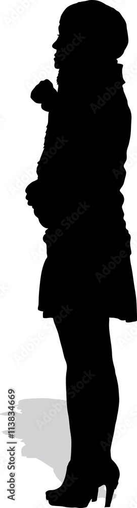 Vector silhouette of the standing girl in a skirt with a handbag