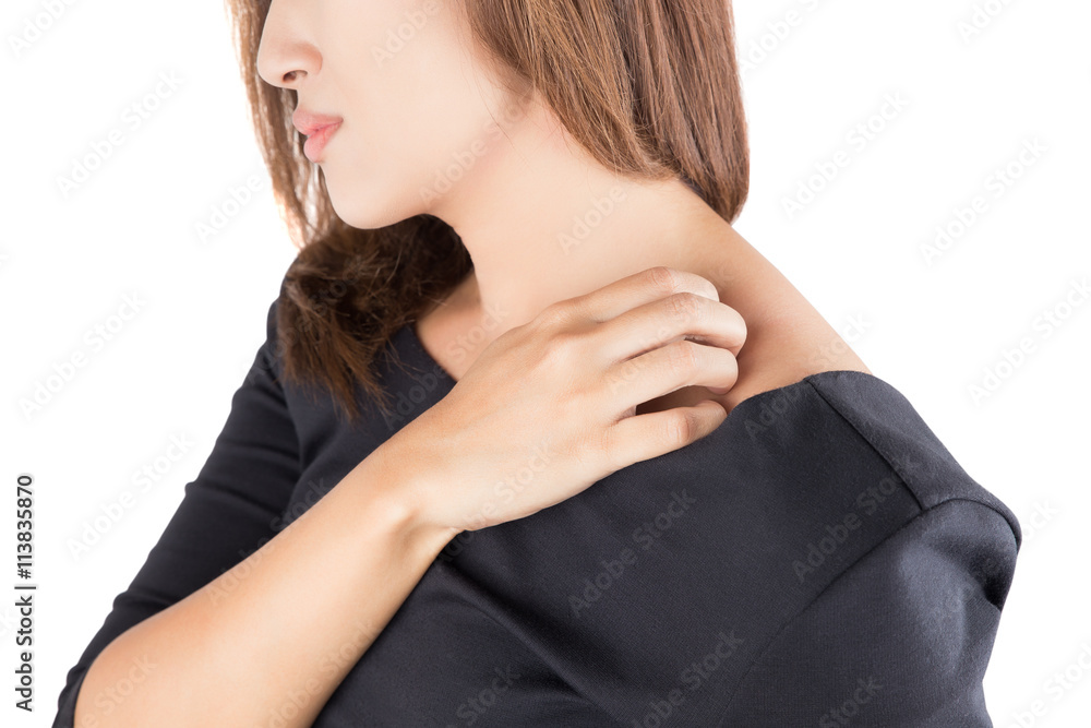 Woman scratching herself, isolate On white background
