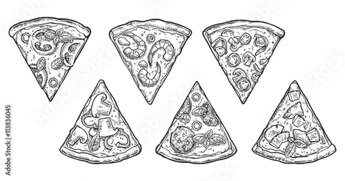 Set slice pizza Pepperoni, Hawaiian, Margherita, Mexican, Seafood, Capricciosa. Vintage vector engraving illustration for poster, menu, box.
