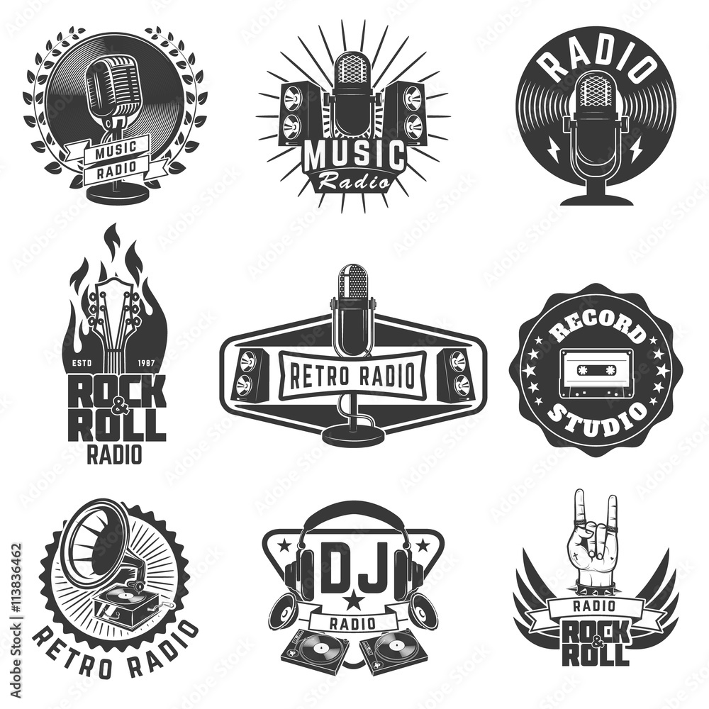 Obraz premium Radio labels. Retro radio, record studio, rock and roll radio em