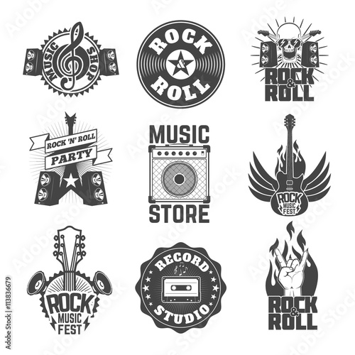 Set of rock music labels, badges and design elements.