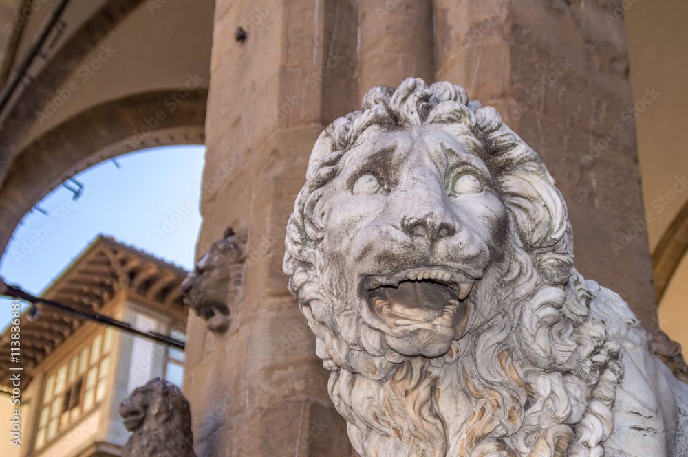 A detail of marble statue of Medici lion in Loggia dei Lanzi, Florence A detail of marble statue of Medici lion in Loggia dei Lanzi, Florence