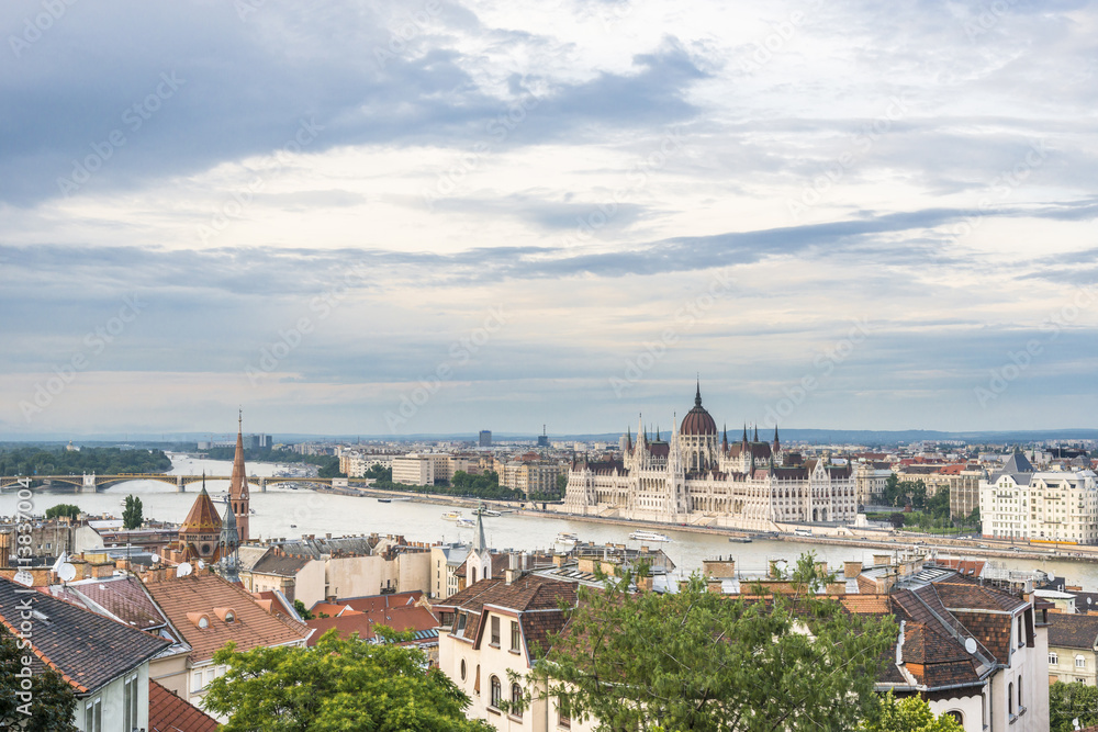 Panoramic view of Budapest on Danube and Hungarian Parliament Building from Fishermen's Bastion. Hungary. 