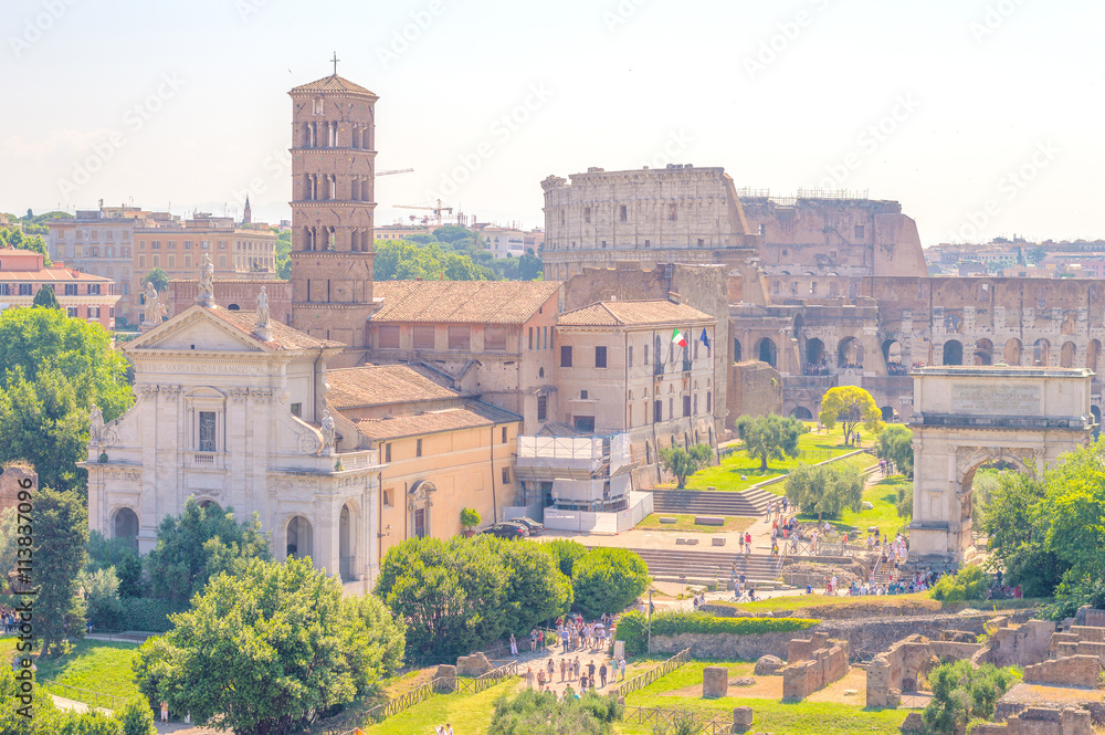 View of the Roman Forum with Colliseum in Rome, Italy