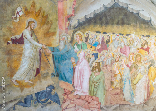 Resurrection of Jesus - a detail of a historic rainnasance fresco wall painting depicring Jesus Christ descending to hell and liberating the souls of Adam and Eve photo