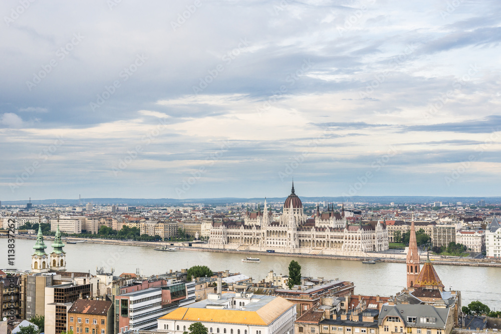 Top view of Budapest on Danube and Hungarian Parliament Building from Fishermen's Bastion.  Hungary.