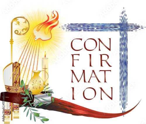 Sacrament of Confirmation, symbolic vector drawing illustration, with the holy olive oil and olive branch, a bishop's pastoral staff and mitre, a dove - symbol of the Holy Spirit.