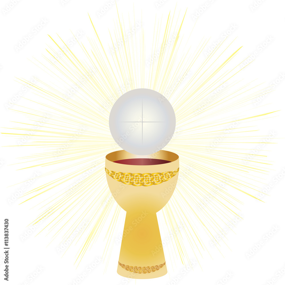 Chalice and host, bread and wine. Symbols of Eucharist. First communion ...