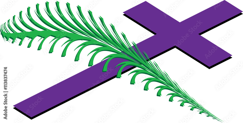 A purple cross crossed with a palm branch. Symbol of the christian