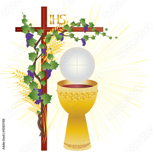 Eucharist symbols of bread and wine, chalice and host with wheat ears and grapes vine. FIrst communion christian color vector illustration.