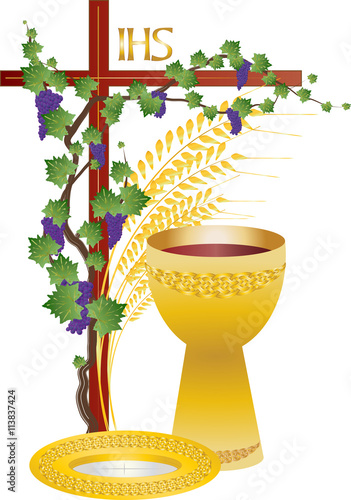 Eucharist symbols of bread and wine, chalice and host with wheat ears and grapes vine. FIrst communion christian color vector illustration.
