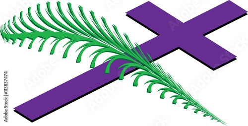 A purple cross crossed with a palm branch. Symbol of the christian death and funeral.