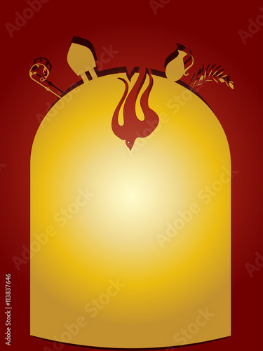 Sacrament of Confirmation, symbolic vector drawing illustration, with the holy olive oil and olive branch, a bishop's pastoral staff and mitre, a dove - symbol of the Holy Spirit.