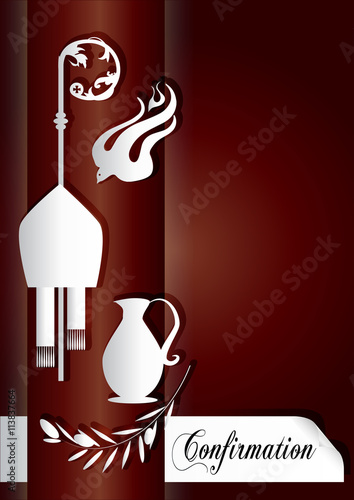 Sacrament of Confirmation, symbolic vector drawing illustration, with the holy olive oil and olive branch, a bishop's pastoral staff and mitre, a dove - symbol of the Holy Spirit.